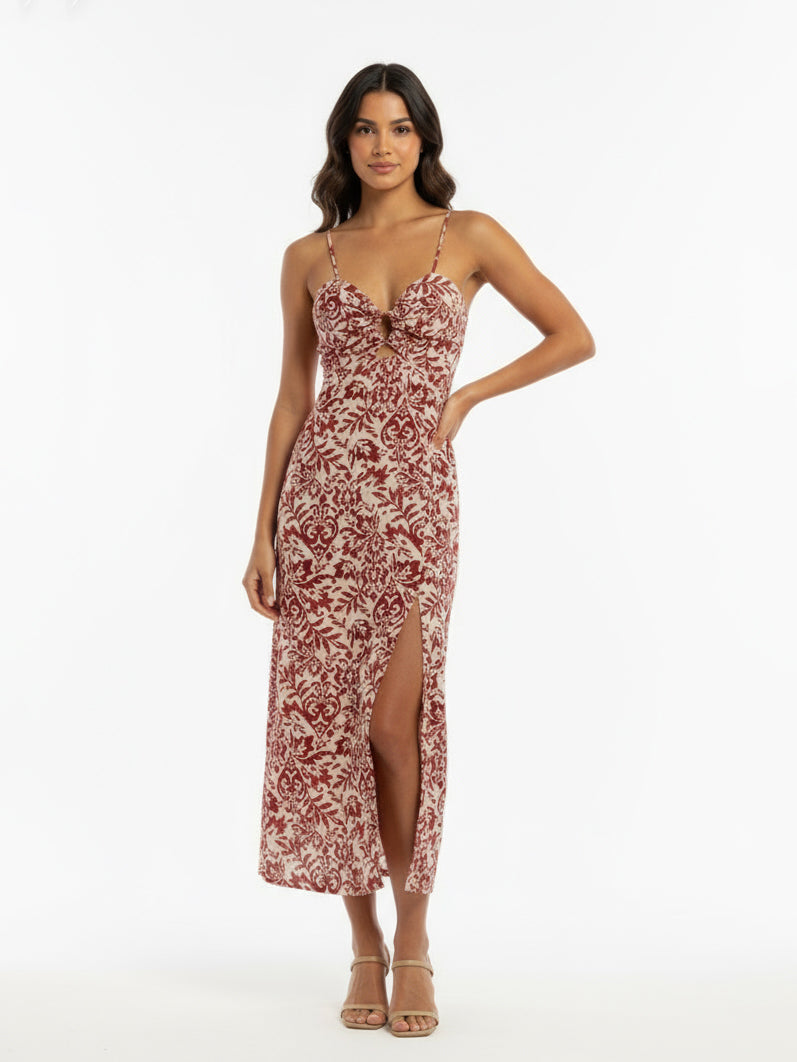 Women's Burgundy Patterned Camisole Hollow-out Slit Maxi Dress, Retro-style Elegant Slimming Dress