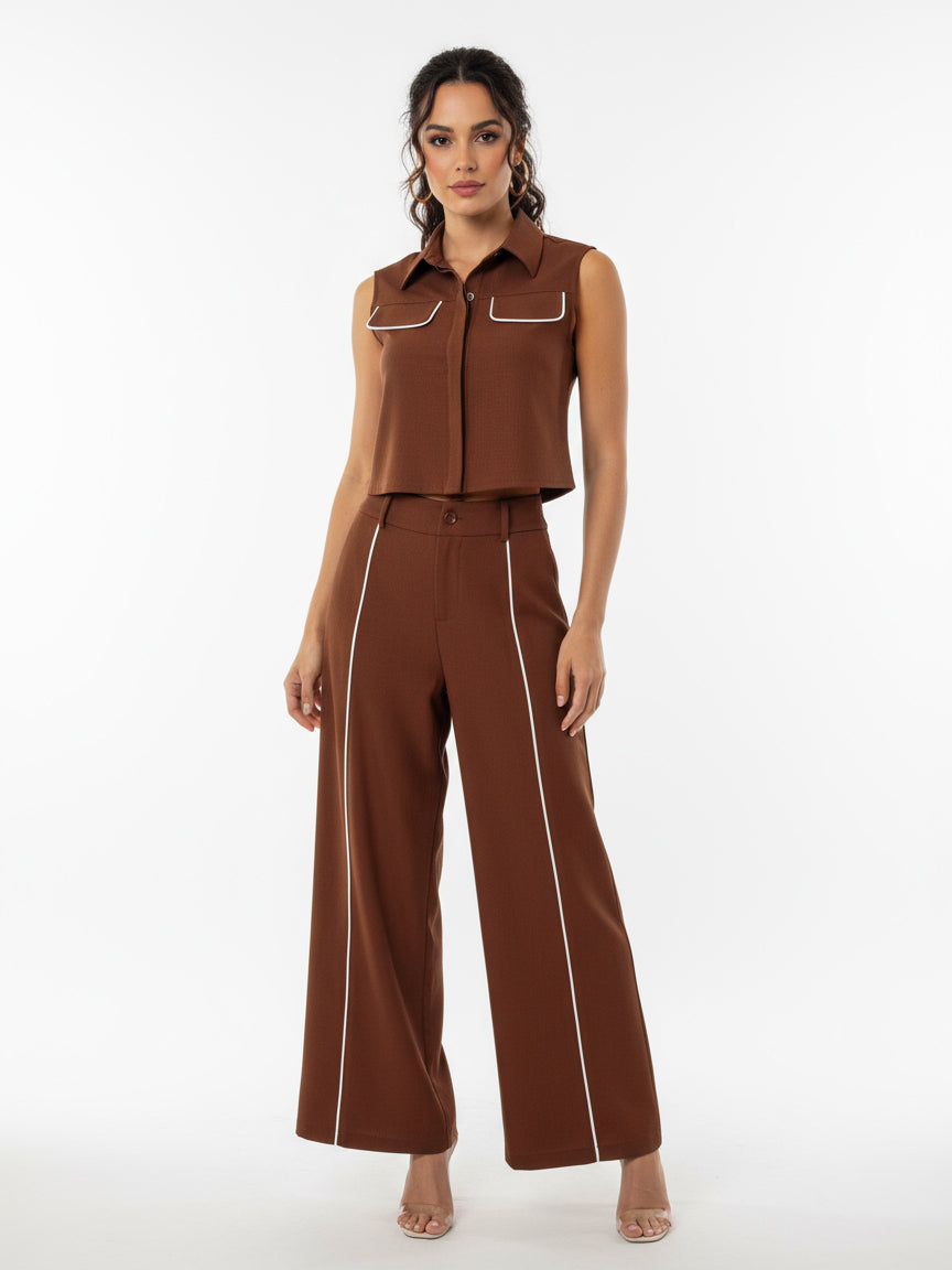 Women's Brown Collared Sleeveless Contrast Cropped Top + Brown Contrast Wide-leg Pants Set, Retro-style Minimalist Slimming Two-piece Outfit