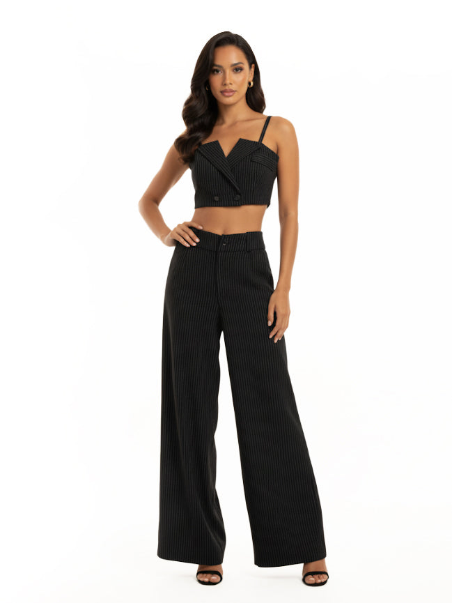 Women's Black Pinstripe Camisole Cropped Top + Black Pinstripe Wide-leg Pants Set, Retro-style Smart Slimming Two-piece Outfit