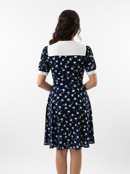 Women's Dark Blue Floral Printed Contrast Collar Short-sleeve Waist-defined Dress, Retro-style Sweet Slimming Dress