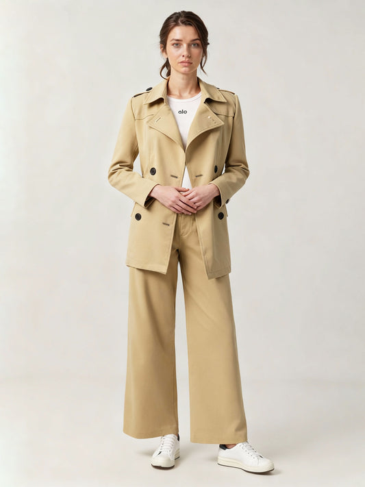 Women's Khaki Classic Trench Coat + Wide-Leg Pants Two-Piece Set