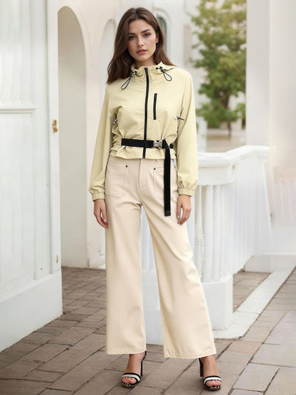 Women's Off-White Color-Block Fitted-Waist Hooded Utility-Style Jacket + Wide-Leg Pants Two-Piece Set