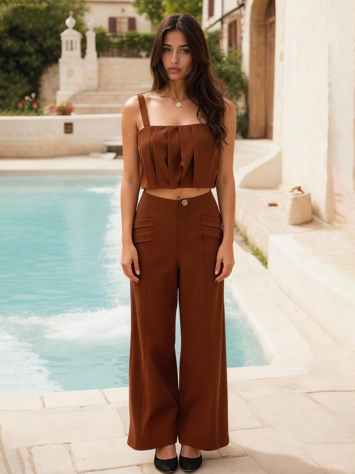 "Women's Brown Pleated Camisole Cropped Top + Wide-leg Pants Set, Retro-style Elegant Slimming Two-piece Outfit "