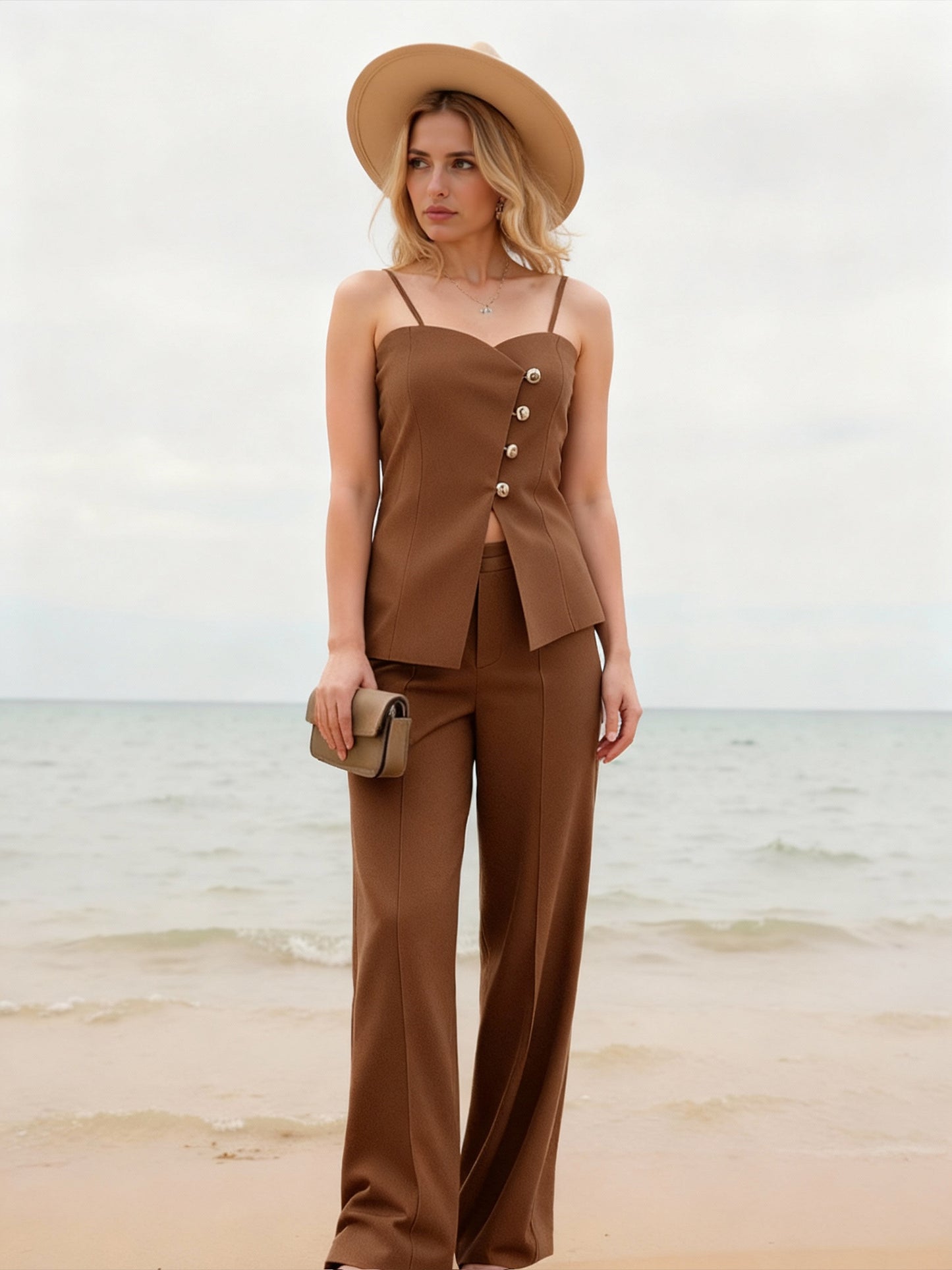 Women's Brown Metallic Button Camisole Cropped Top + Wide-leg Pants Set, Holiday-style Retro Slimming Two-piece Outfit
