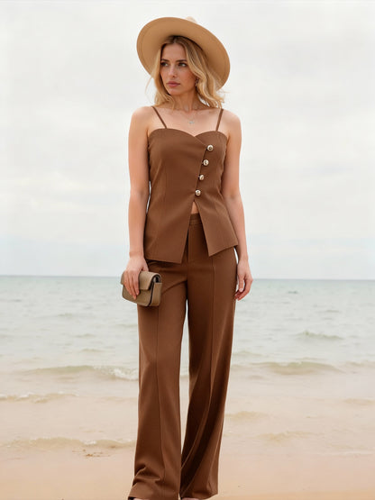 Women's Brown Metallic Button Camisole Cropped Top + Wide-leg Pants Set, Holiday-style Retro Slimming Two-piece Outfit