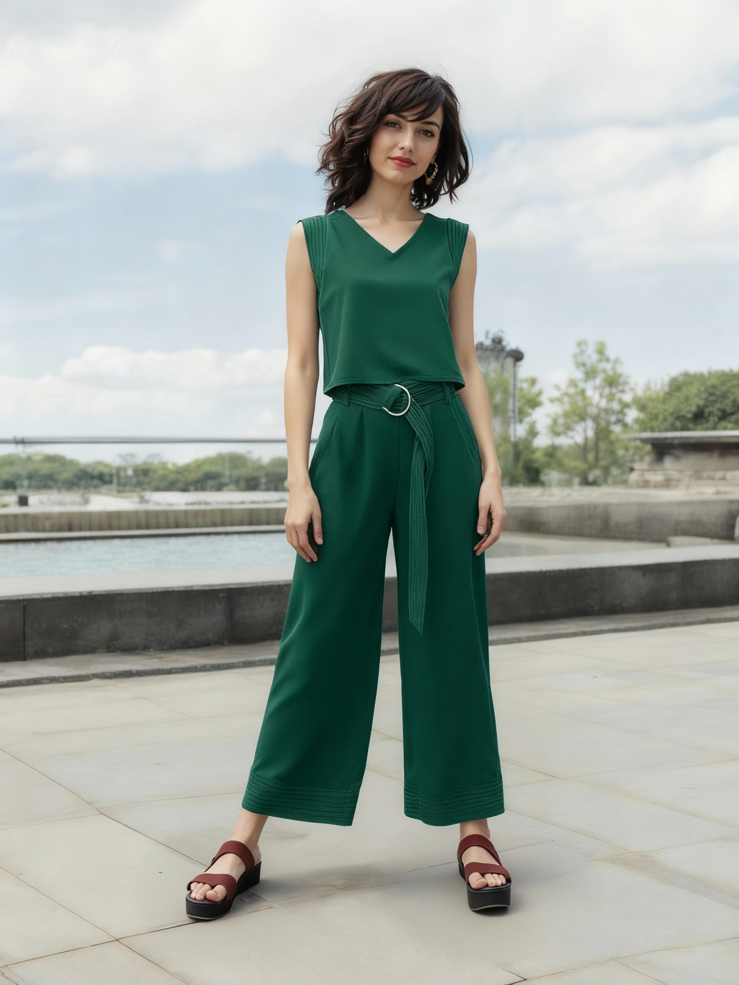Women's Dark Green V-neck Sleeveless Top + Wide-leg Pants Set, Retro-style Fashionable Slimming Two-piece Outfit