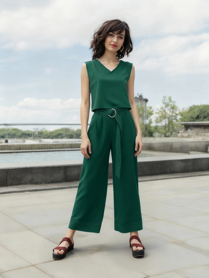 Women's Dark Green V-neck Sleeveless Top + Wide-leg Pants Set, Retro-style Fashionable Slimming Two-piece Outfit