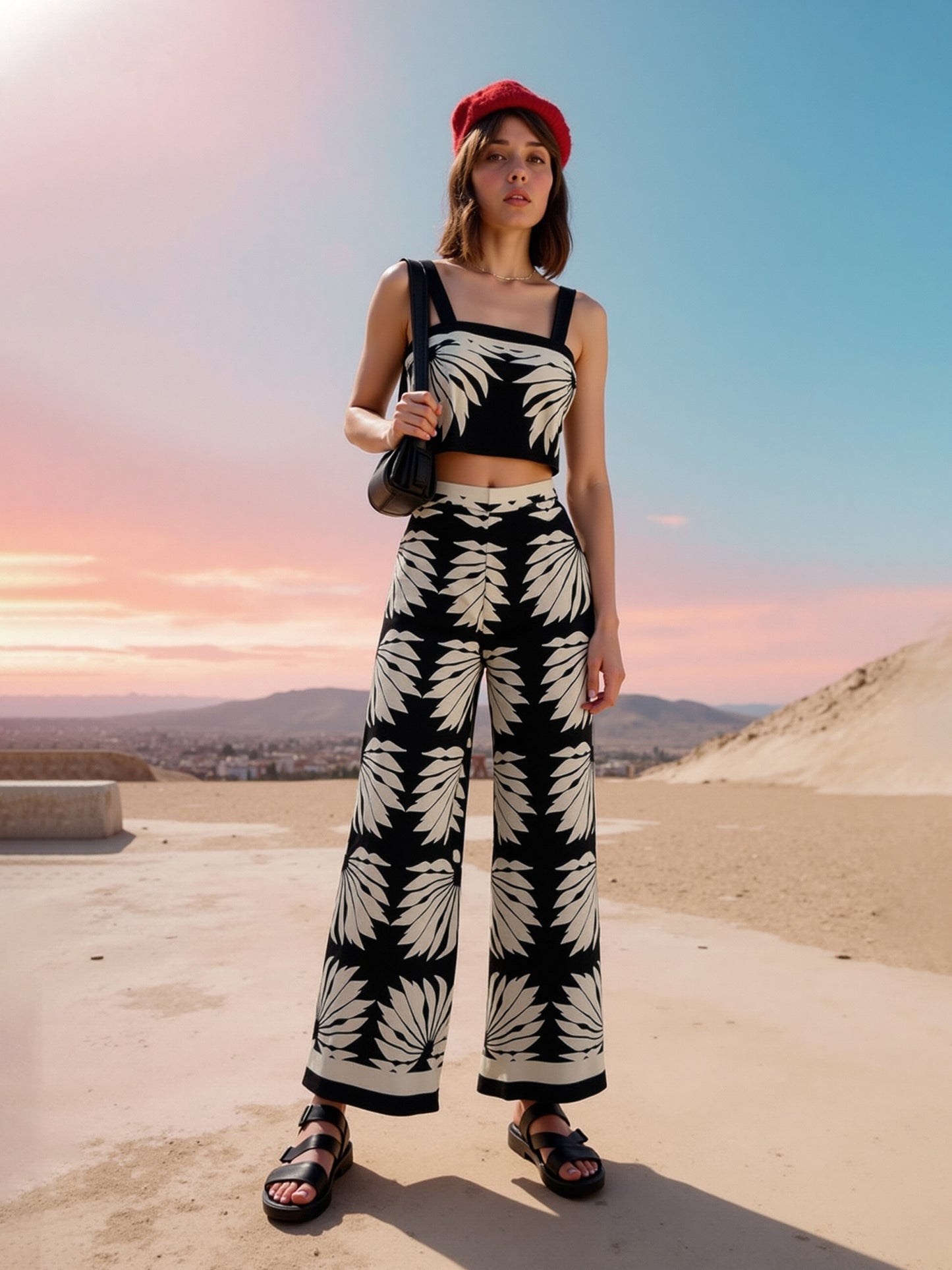 Women's Black-based Beige Plant Print Camisole Cropped Top + Wide-leg Pants Set, Holiday-style Retro Print Slimming Two-piece Outfit