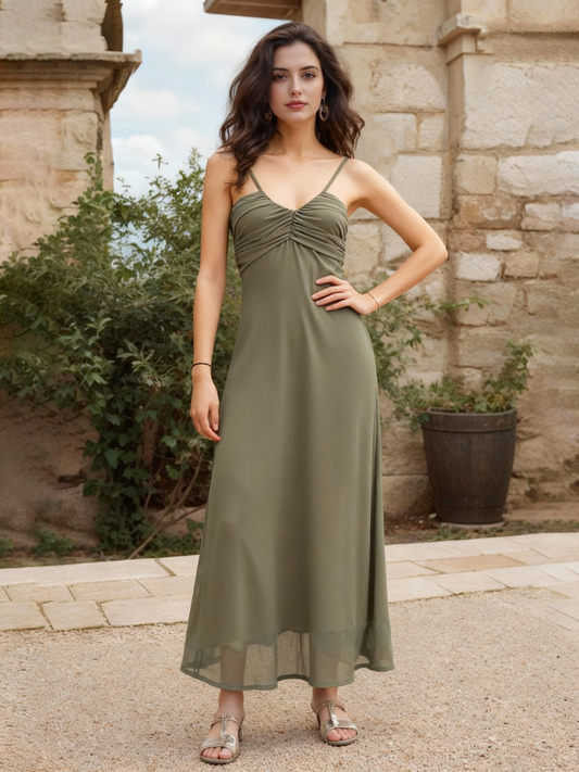 Women's Olive Green Pleated Camisole Maxi Dress, Retro-style Elegant Slimming Gown