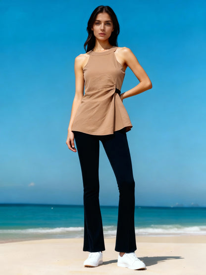 Women's Khaki Sleeveless Side-button Asymmetric Top + Black Flared Pants Set, Holiday-style Casual Slimming Two-piece Outfit