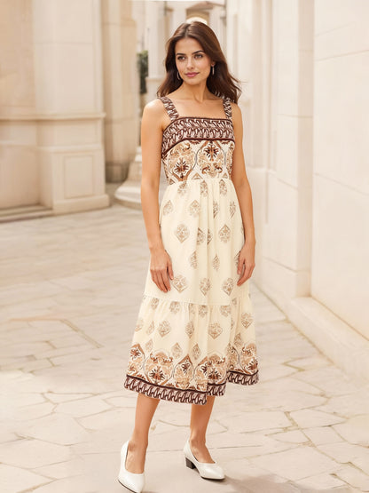 Women's Beige-brown Printed Square Neck Camisole Midi Dress, Retro-style Elegant Slimming Ethnic-style Dress