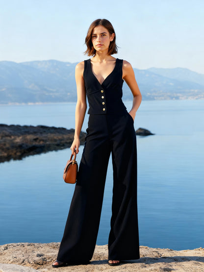 Women's Black Deep V Sleeveless Metallic Button Jumpsuit, Holiday-style Retro Slimming Wide-leg Jumpsuit