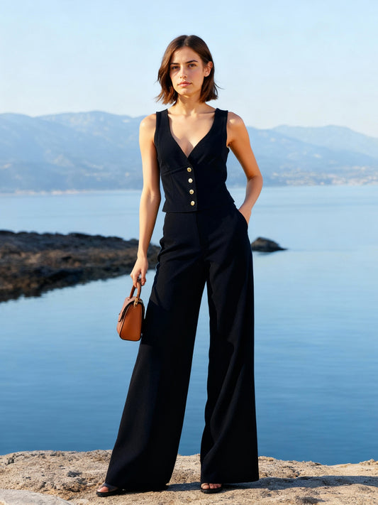 Women's Black Deep V Sleeveless Metallic Button Jumpsuit, Holiday-style Retro Slimming Wide-leg Jumpsuit