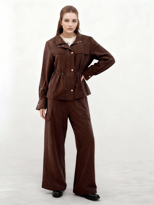 Women's Dark Brown Metal-Button Fitted-Waist Utility-Style Jacket + Wide-Leg Pants Two-Piece Set