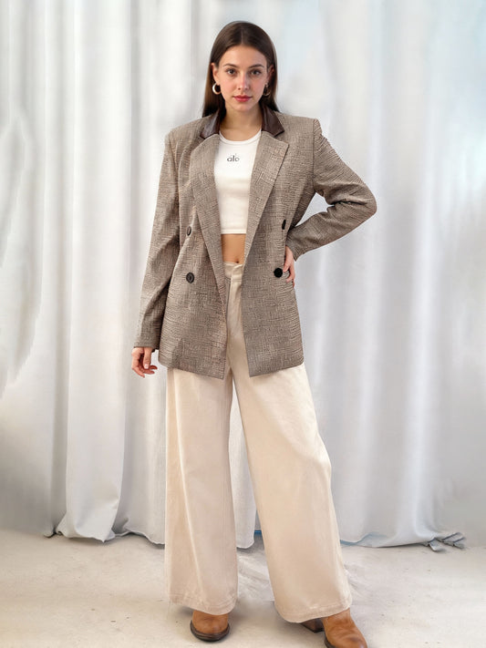 Women's Plaid Color-Block Paneled Blazer + Beige Wide-Leg Pants Two-Piece Set