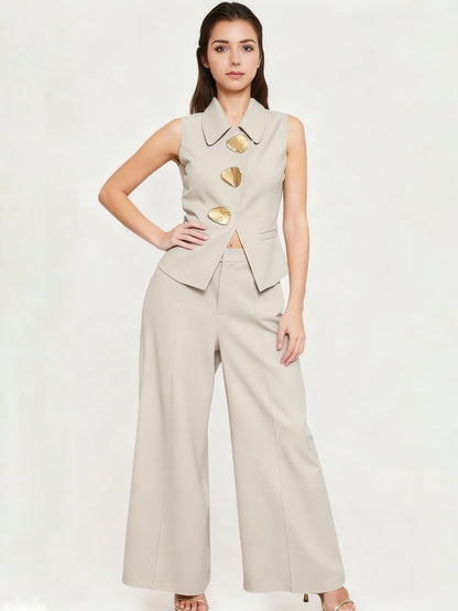 Women's Beige Irregular Metal-Button Sleeveless Vest + Wide-Leg Pants Two-Piece Set