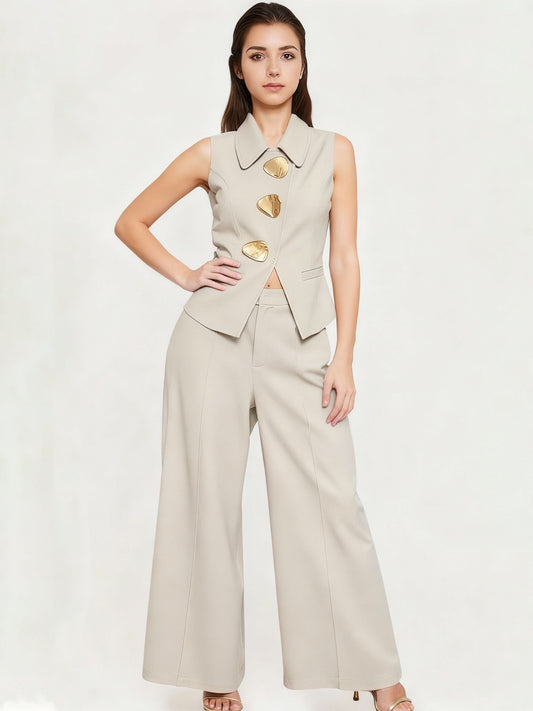Women's Beige Irregular Metal-Button Sleeveless Vest + Wide-Leg Pants Two-Piece Set