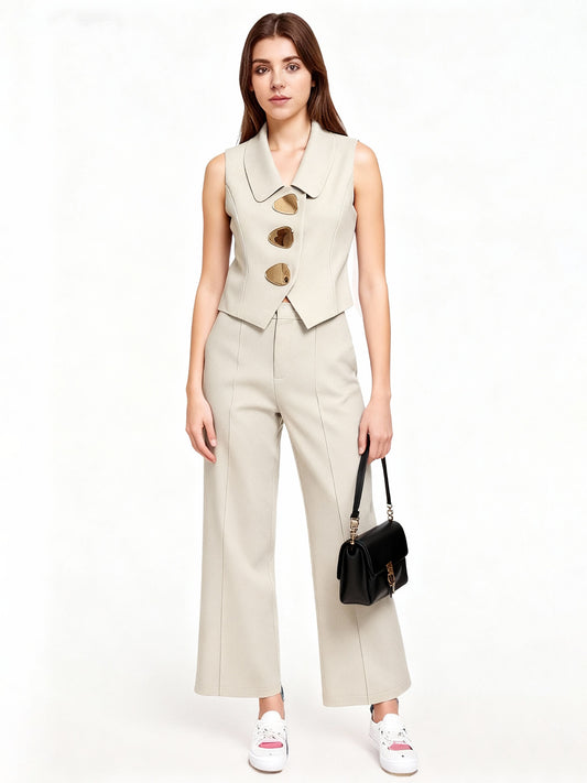 Women's Beige Irregular-Button Sleeveless Vest + Wide-Leg Pants Two-Piece Set