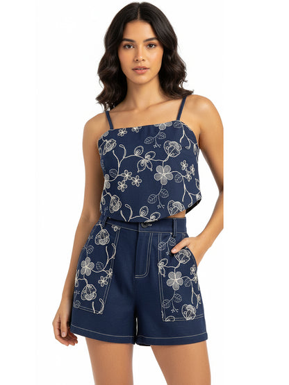 Women's Dark Blue Floral Embroidered Camisole Cropped Top + Dark Blue Embroidered Shorts Set, Retro-style Sweet Slimming Two-piece Outfit
