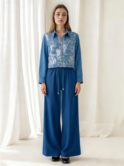 Women's Blue Printed Cropped Jacket + Wide-leg Pants Set, Retro-style Elegant Slimming Two-piece Outfit