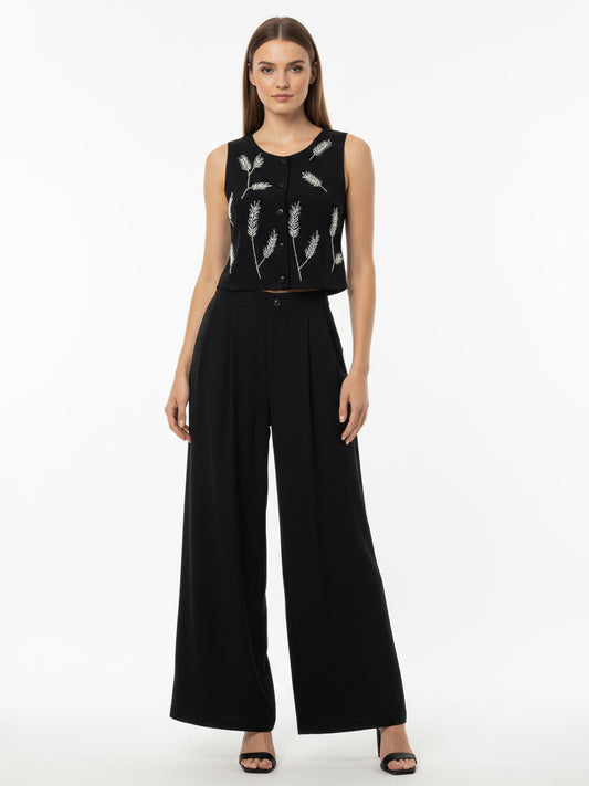 "Women's Black Plant Embroidered Sleeveless Cropped Top + Black Wide-leg Pants Set, Retro-style Smart Slimming Two-piece Outfit "