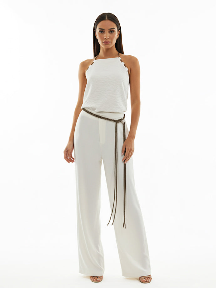 Women's White Halter Tie-up Cropped Top + White Wide-leg Pants Set, Retro-style Minimalist Slimming Two-piece Outfit