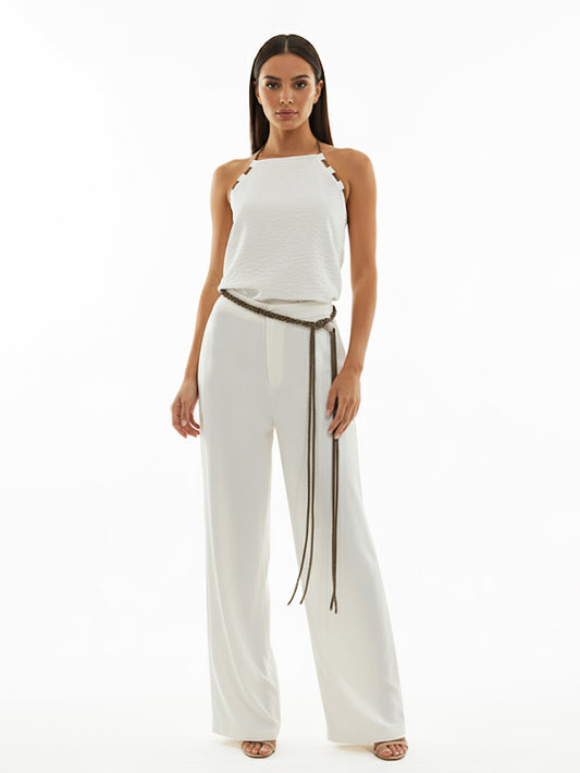 Women's White Halter Tie-up Cropped Top + White Wide-leg Pants Set, Retro-style Minimalist Slimming Two-piece Outfit