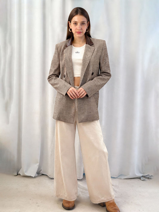 Women's Plaid Color-Block Paneled Blazer + Beige Wide-Leg Pants Two-Piece Set