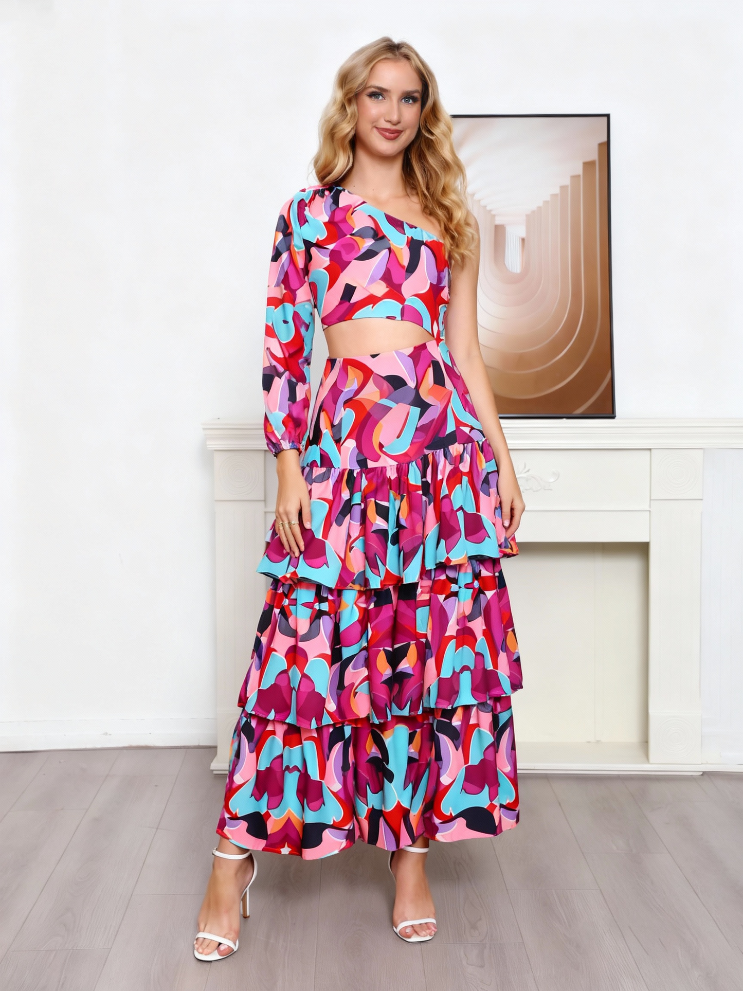 Women's Colorful Geometric Print One-shoulder Crop Top + Ruffled Maxi Skirt Set, Retro Bohemian-style Two-piece Outfit