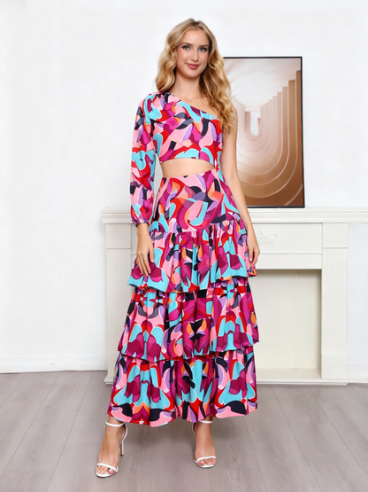 Women's Colorful Geometric Print One-shoulder Crop Top + Ruffled Maxi Skirt Set, Retro Bohemian-style Two-piece Outfit