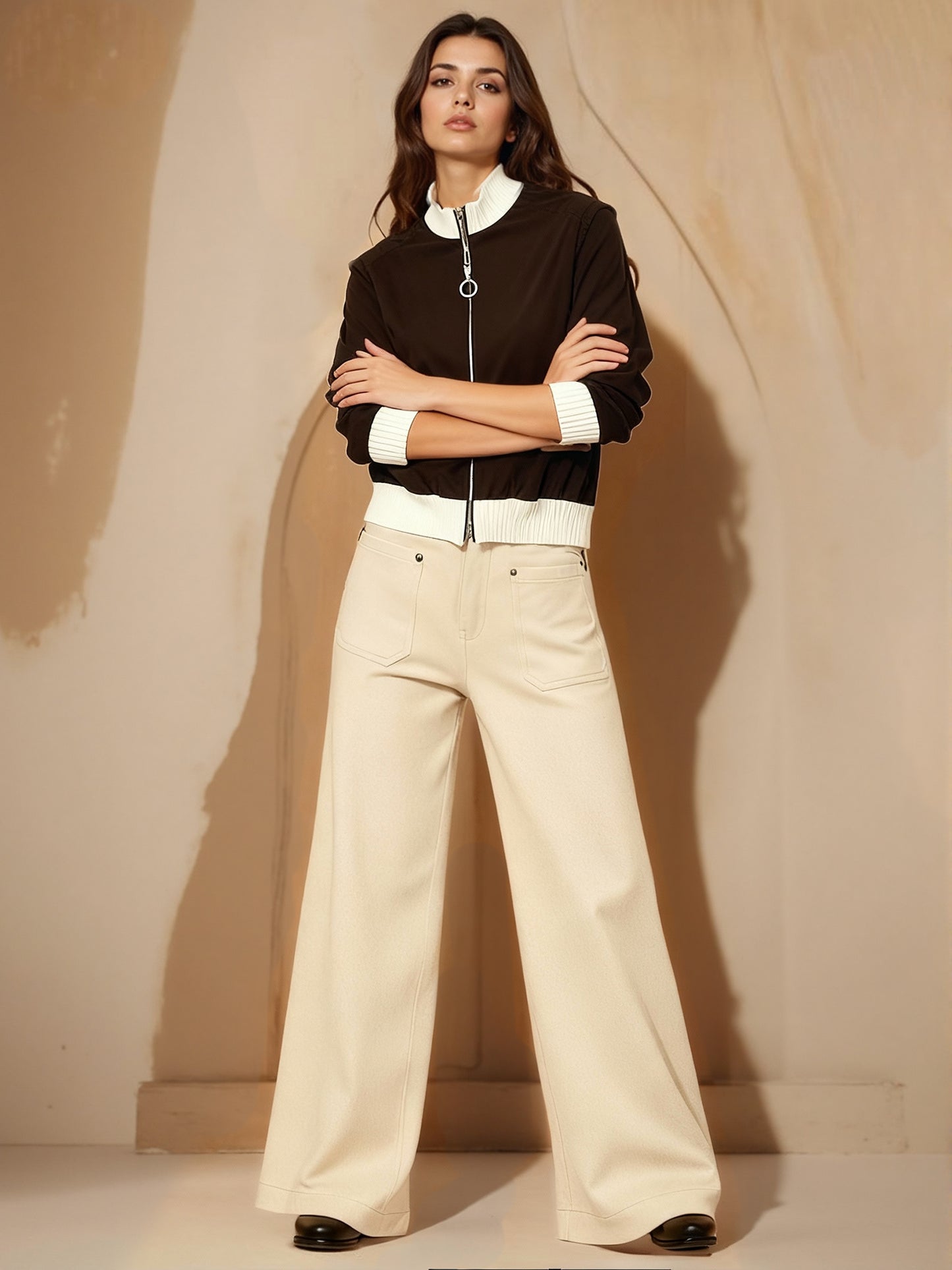 Women's Black-brown Contrast Zipper Cropped Jacket + Beige Wide-leg Pants Set, Retro-style Fashionable Slimming Two-piece Outfit