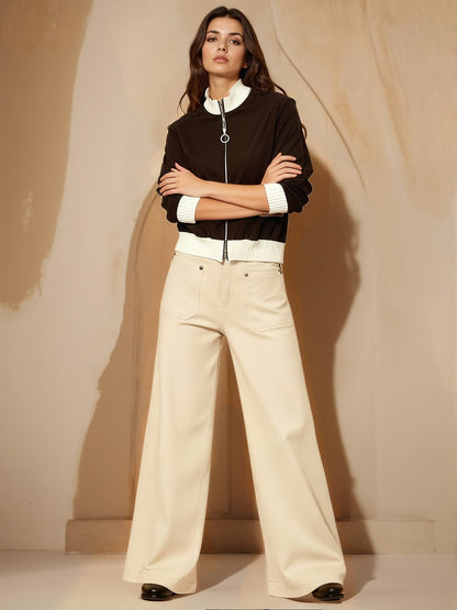 Women's Black-brown Contrast Zipper Cropped Jacket + Beige Wide-leg Pants Set, Retro-style Fashionable Slimming Two-piece Outfit