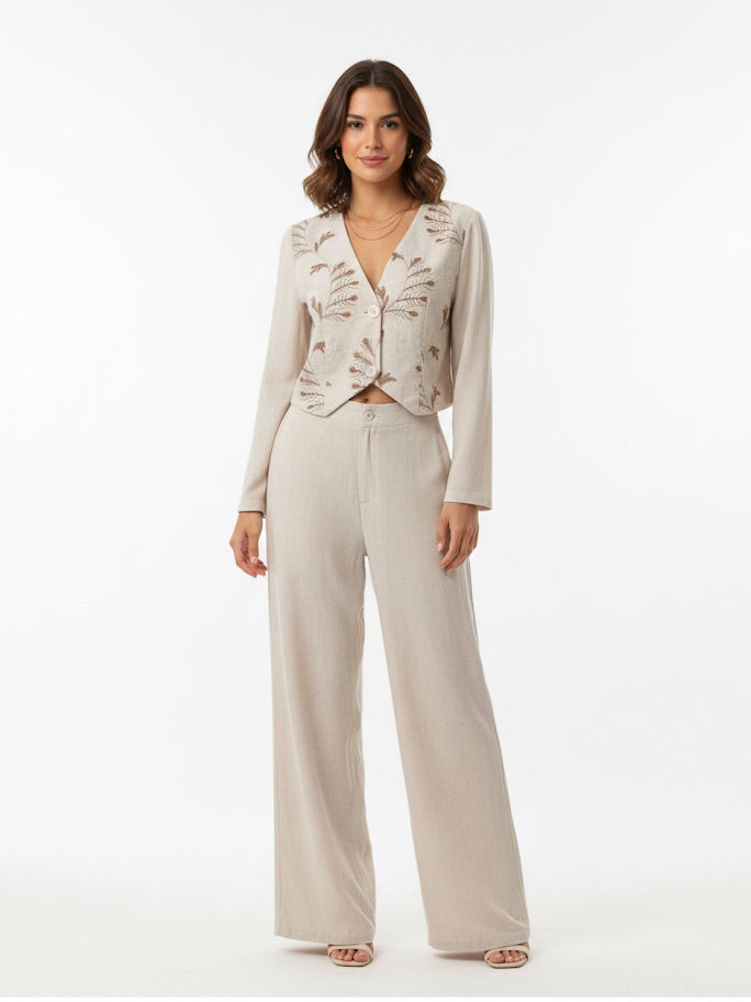 Women's Beige Plant Embroidered V-neck Cropped Top + Beige Wide-leg Pants Set, Retro-style Sweet Slimming Two-piece Outfit