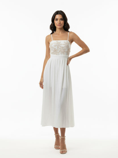 Women's White Floral Embroidered Camisole Midi Dress, Retro-style Sweet Slimming Dress