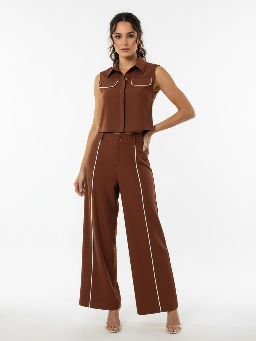 Women's Brown Collared Sleeveless Contrast Cropped Top + Brown Contrast Wide-leg Pants Set, Retro-style Minimalist Slimming Two-piece Outfit