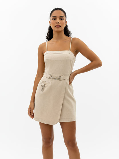 Women's Beige Camisole Waist-defined Metal Buckle-embellished Asymmetric Dress, Retro-style Smart Slimming Dress