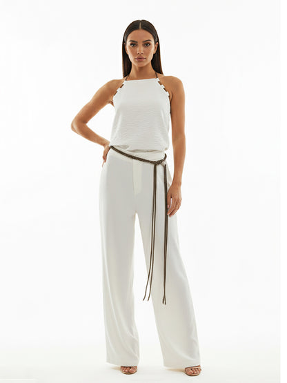 Women's White Halter Tie-up Cropped Top + White Wide-leg Pants Set, Retro-style Minimalist Slimming Two-piece Outfit