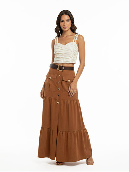 Women's Beige Ruched Camisole Cropped Top + Brown Buttoned Ruffled Maxi Skirt Set, Retro-style Sweet Slimming Two-piece Outfit