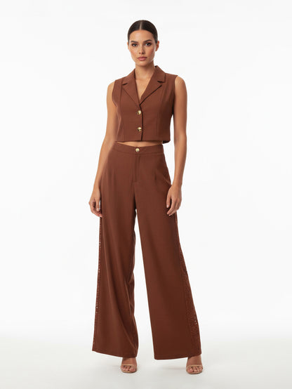 Women's Brown Collared Sleeveless Cropped Top + Brown Hollow-out Wide-leg Pants Set, Retro-style Smart Slimming Two-piece Outfit