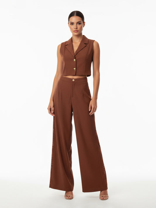 Women's Brown Collared Sleeveless Cropped Top + Brown Hollow-out Wide-leg Pants Set, Retro-style Smart Slimming Two-piece Outfit