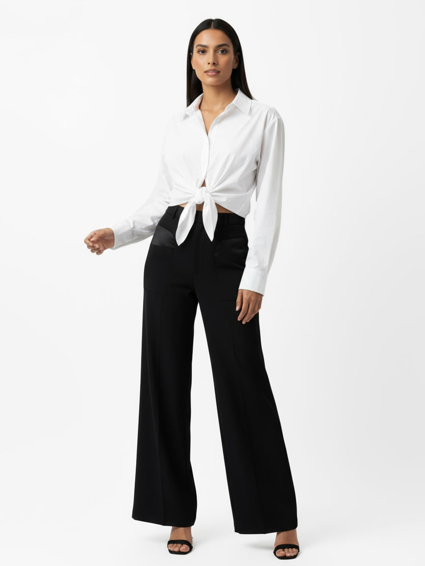Women's White Collared Long-sleeve Tie-up Cropped Top + Black Wide-leg Pants Set, Retro-style Minimalist Slimming Two-piece Outfit