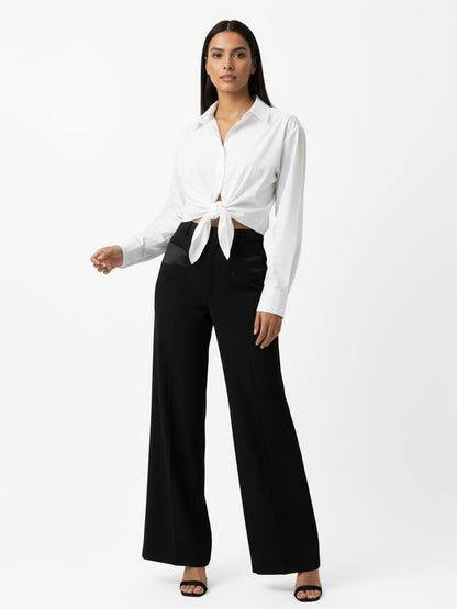 Women's White Collared Long-sleeve Tie-up Cropped Top + Black Wide-leg Pants Set, Retro-style Minimalist Slimming Two-piece Outfit