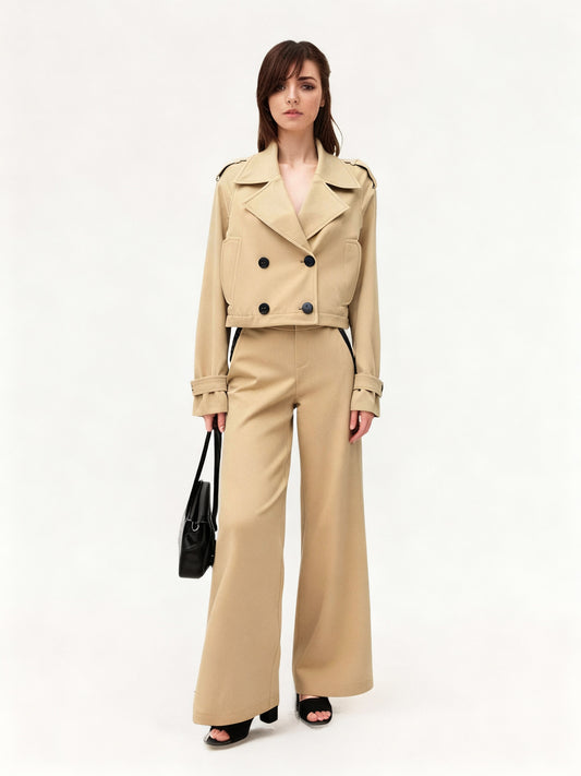 Women's Khaki Short Trench Coat + Wide-Leg Pants Two-Piece Set