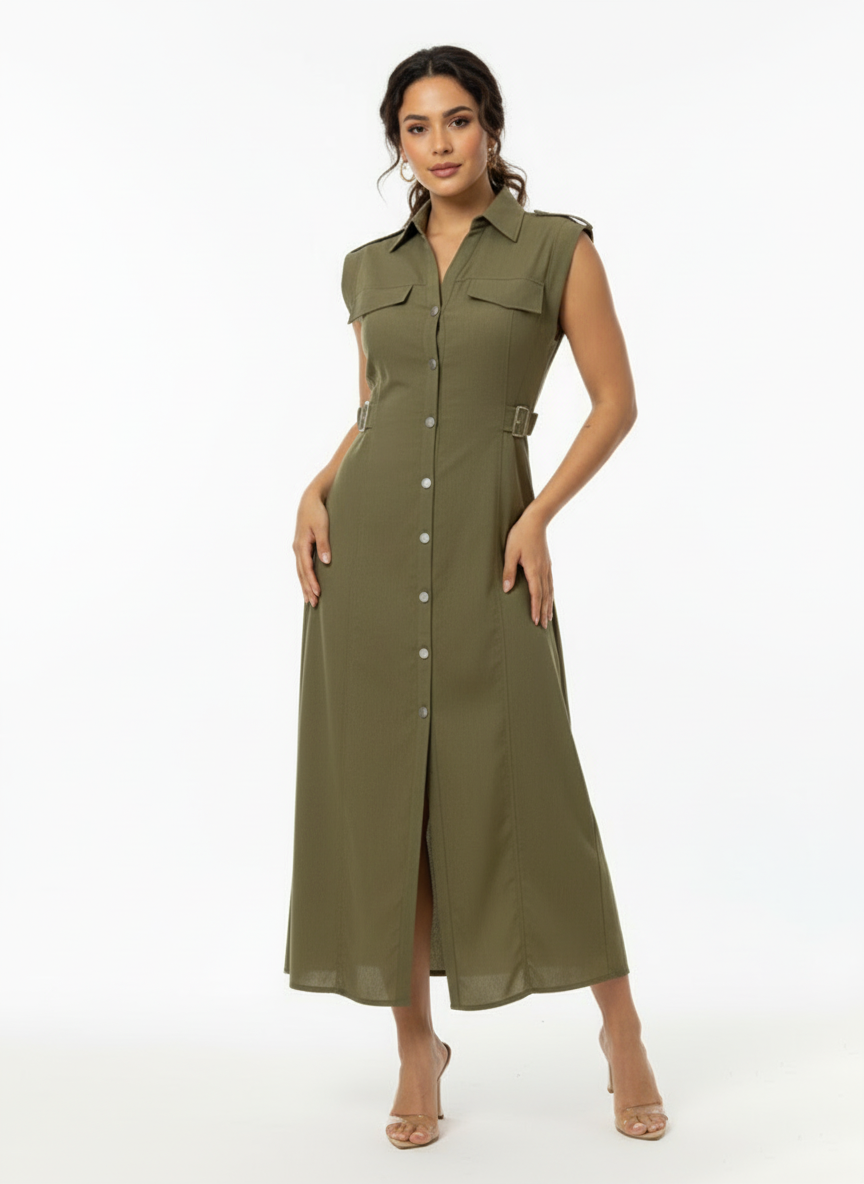 Women's Army Green Collared Sleeveless Single-breasted Waist-defined Maxi Dress, Retro-style Smart Slimming Shirt Dress