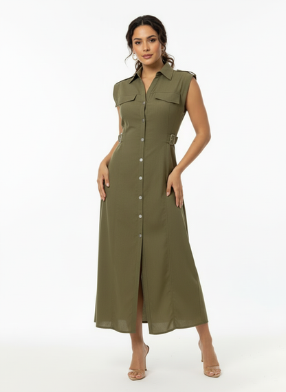Women's Army Green Collared Sleeveless Single-breasted Waist-defined Maxi Dress, Retro-style Smart Slimming Shirt Dress