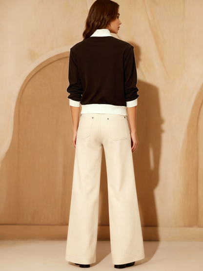 Women's Black-brown Contrast Zipper Cropped Jacket + Beige Wide-leg Pants Set, Retro-style Fashionable Slimming Two-piece Outfit