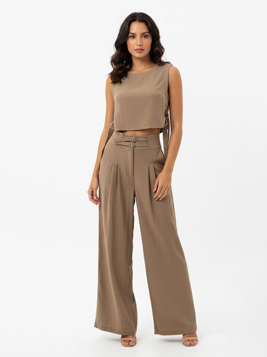 Women's Khaki Sleeveless Cropped Top + High-waisted Wide-leg Pants Set, Retro-style Minimalist Slimming Two-piece Outfit