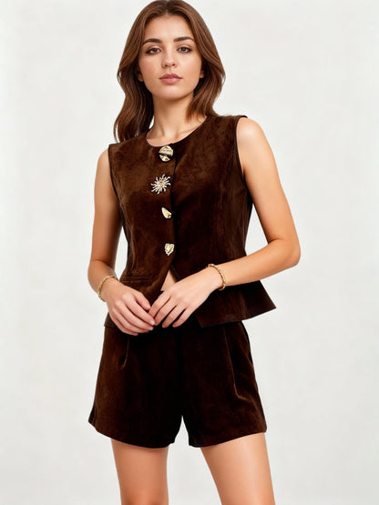 Women's Brown Suede-Like Decorative-Button Sleeveless Vest + Shorts Two-Piece Set