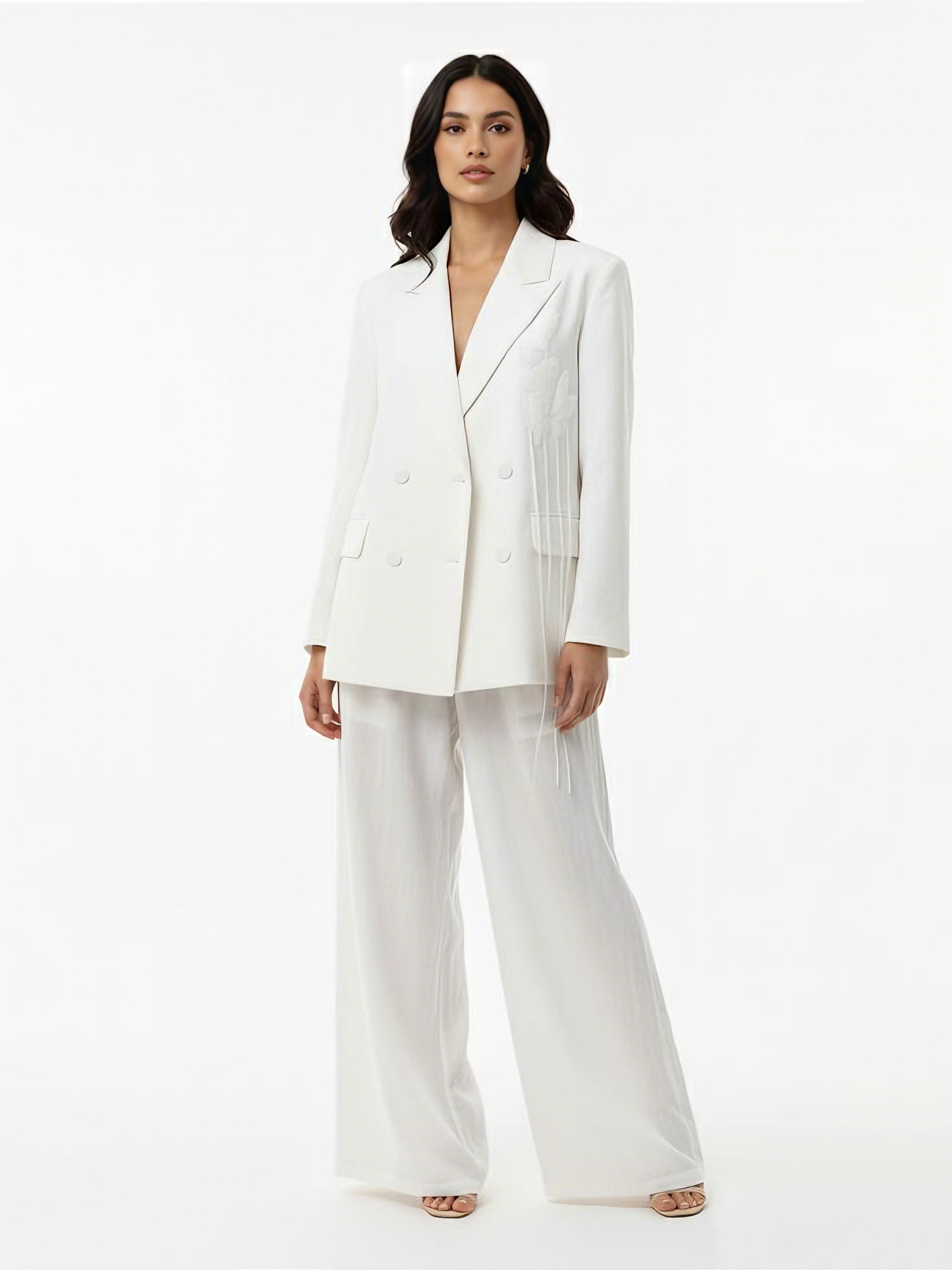 Women's White Double-breasted Tassel-embellished Blazer + White Wide-leg Pants Set, Retro-style Smart Slimming Two-piece Outfit
