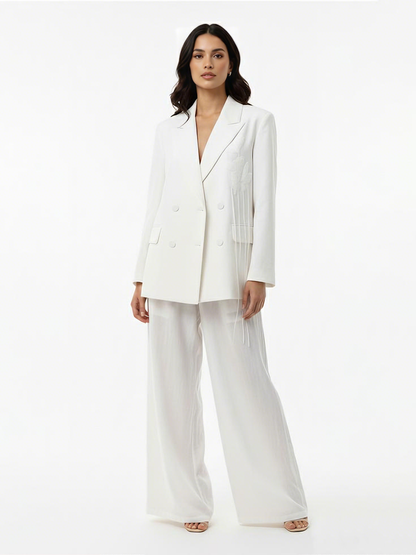 Women's White Double-breasted Tassel-embellished Blazer + White Wide-leg Pants Set, Retro-style Smart Slimming Two-piece Outfit